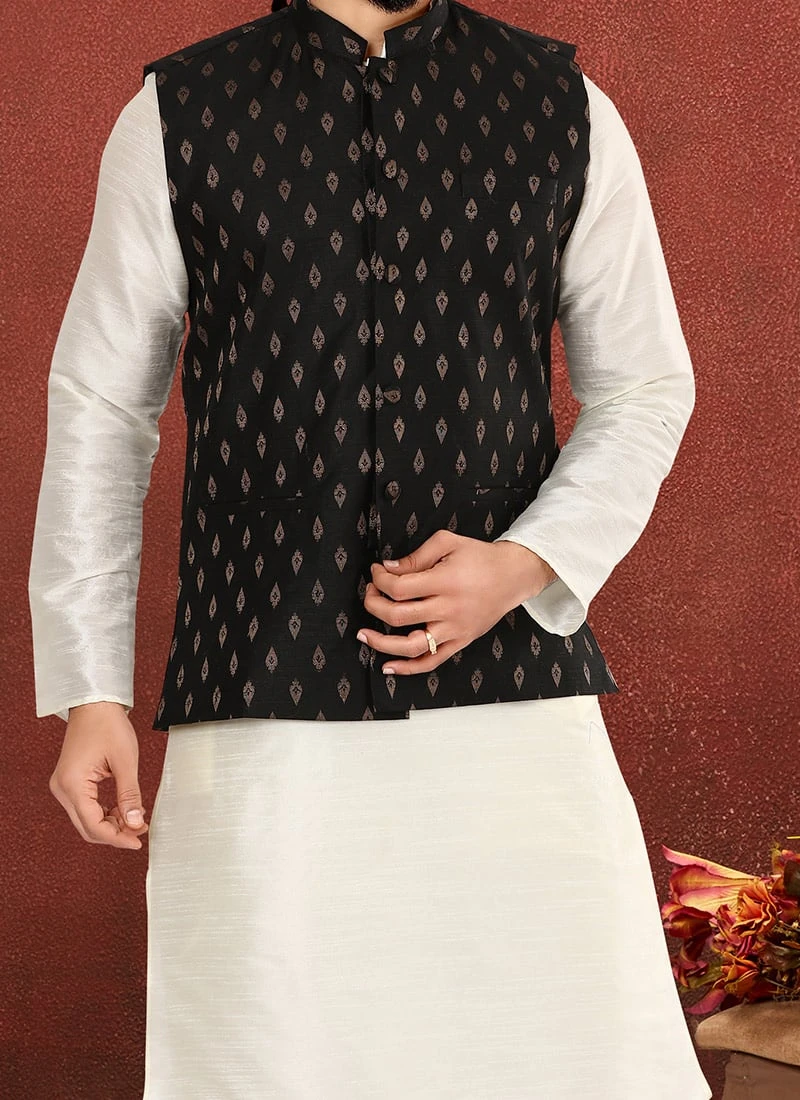 Black Cotton Silk Jacquard Nehru Jacket 1 Black Cotton Silk Jacquard Nehru Jacket