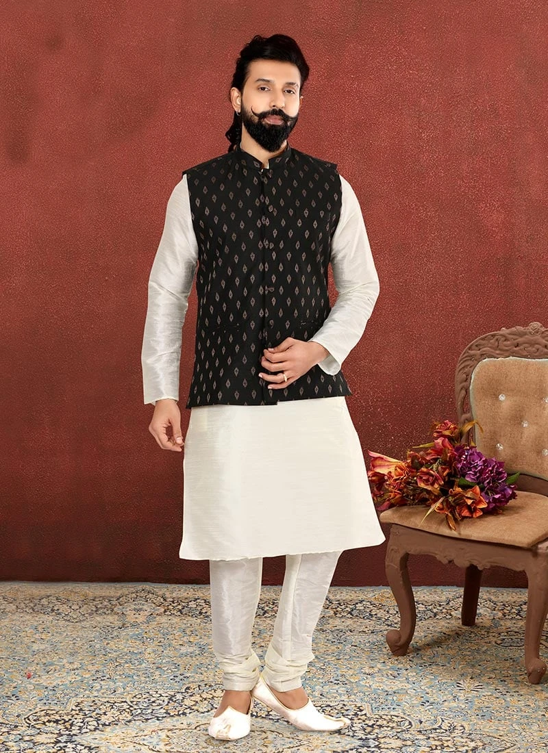 Black Cotton Silk Jacquard Nehru Jacket 2 Black Cotton Silk Jacquard Nehru Jacket - Image 2