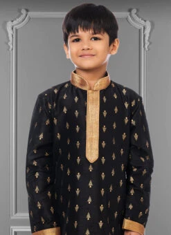 Black Dhupion Silk Foil Printed Boys Kurta Pyjama Party Wear -C Bazaar Shop black dhupion silk foil printed boys kurta pyjama kdbkvs676 b