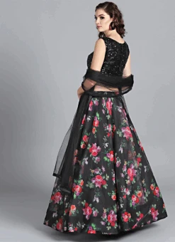 Black Digital Printed Organza Umbrella Skirt Party Wear