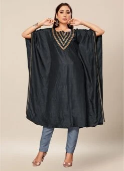 Grey Dola Silk Lace Work Kaftan Work Wear -C Bazaar Shop black dola silk lace work kaftan krsakf1096 u