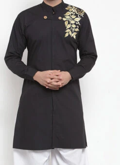 Black Embroidered Cotton Indowestern Kurta