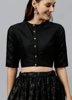 Black Foil Printed Jewel Neck Blouse Festive Wear -C Bazaar Shop black foil printed jewel neck blouse BLBS02209582 b