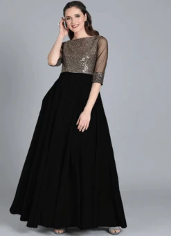 Black Full Flared Boat Neck Style Gown Party Wear -C Bazaar Shop black full flared boat neck style gown IWBS02207363 u