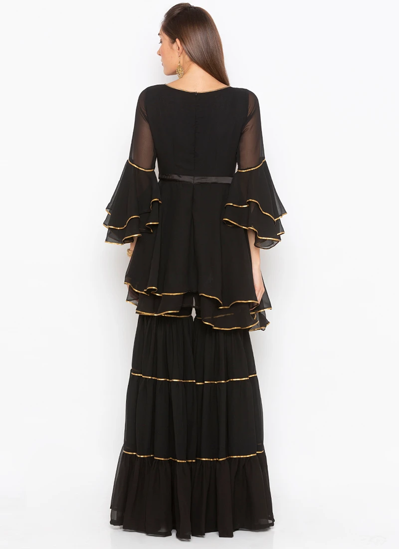Black Georgette Embroidered Kurta Sharara Set After Six Wear 4 Black Georgette Embroidered Kurta Sharara Set After Six Wear - Image 4