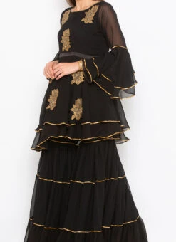 Black Georgette Embroidered Kurta Sharara Set After Six Wear