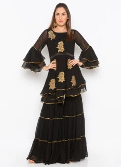 Black Georgette Embroidered Kurta Sharara Set After Six Wear 6 Black Georgette Embroidered Kurta Sharara Set After Six Wear -C Bazaar Shop black georgette embroidered kurta sharara set krsmnc1996ks u