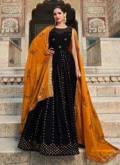 Black Georgette Sequins Embroidery Anarkali Gown Party Wear -C Bazaar Shop black georgette sequins embroidery anarkali gown bgwrsom4852 u