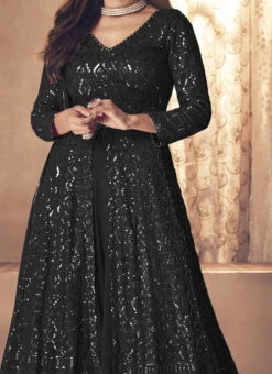 Black Georgette Sequins Embroidery Long Choli Umbrella Lehenga Party Wear