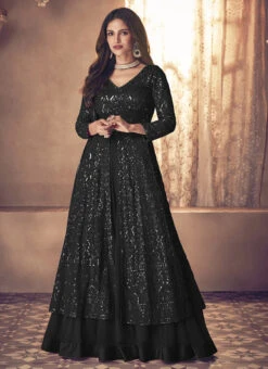 Black Georgette Sequins Embroidery Long Choli Umbrella Lehenga Party Wear -C Bazaar Shop black georgette sequins embroidery long choli umbrella lehenga ghska4210123f u