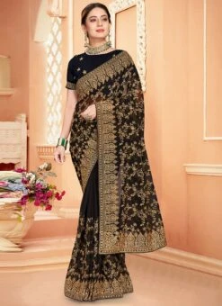 Black Georgette Zari Embroidery Work Saree Party Wear -C Bazaar Shop black georgette zari embroidery work saree sasunfl1511 u