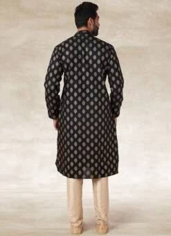 Black Handloom Cotton Printed Kurta Pyjama Festive Wear -C Bazaar Shop black handloom cotton printed kurta pyjama kpmsc1160 b