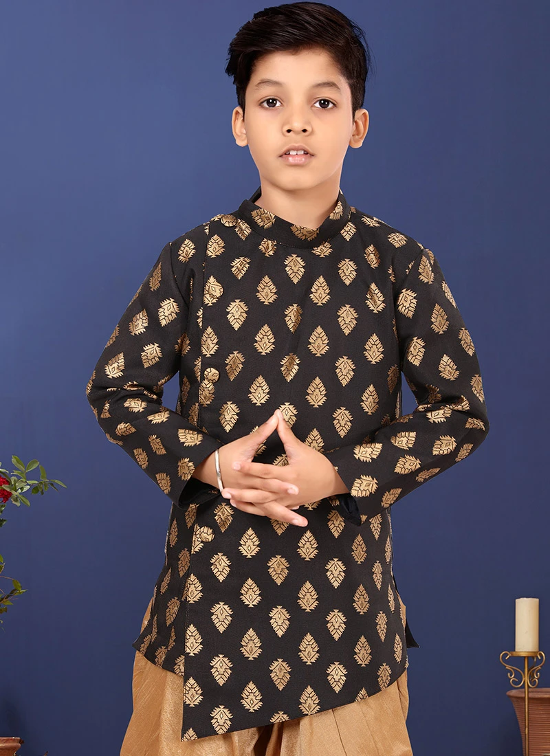 Black Jacquard Silk Boys Indowestern Sherwani Party Wear 3 Black Jacquard Silk Boys Indowestern Sherwani Party Wear - Image 3