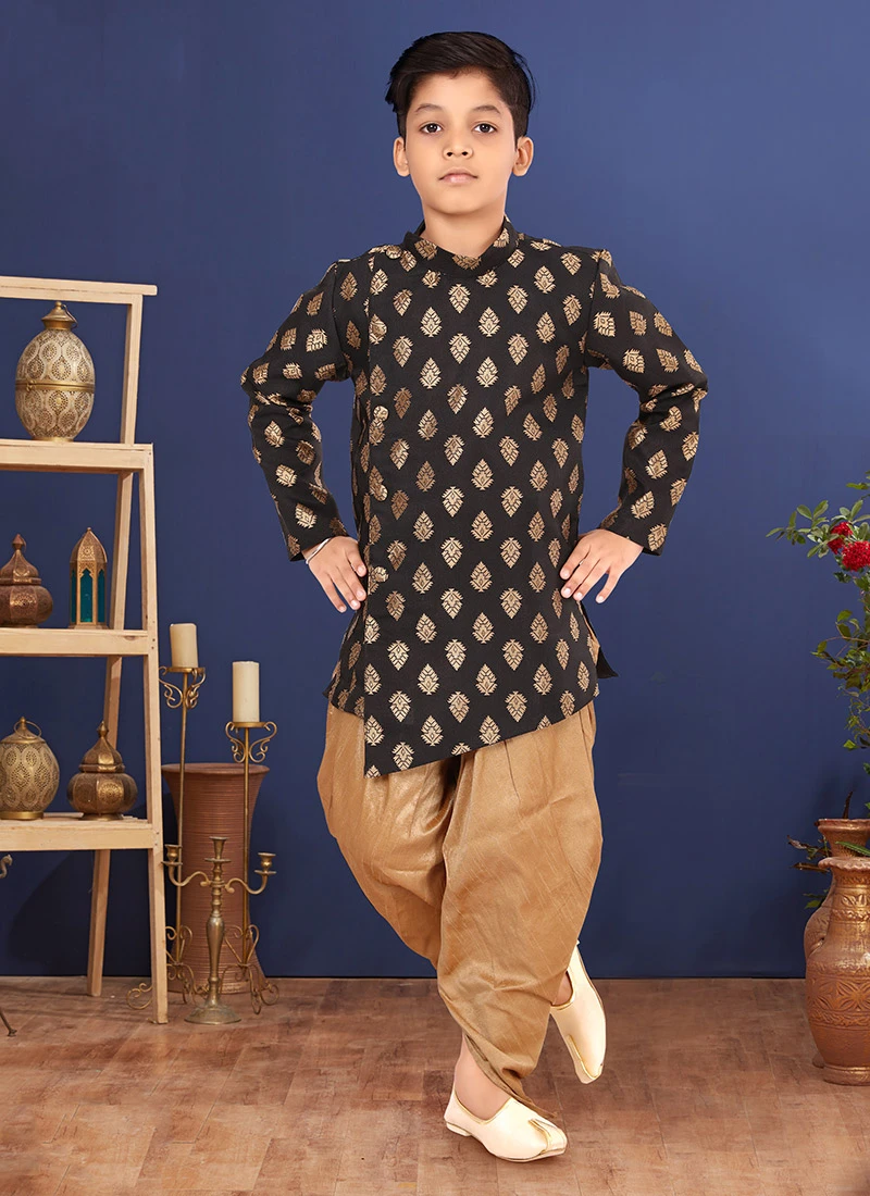 Black Jacquard Silk Boys Indowestern Sherwani Party Wear 2 Black Jacquard Silk Boys Indowestern Sherwani Party Wear - Image 2