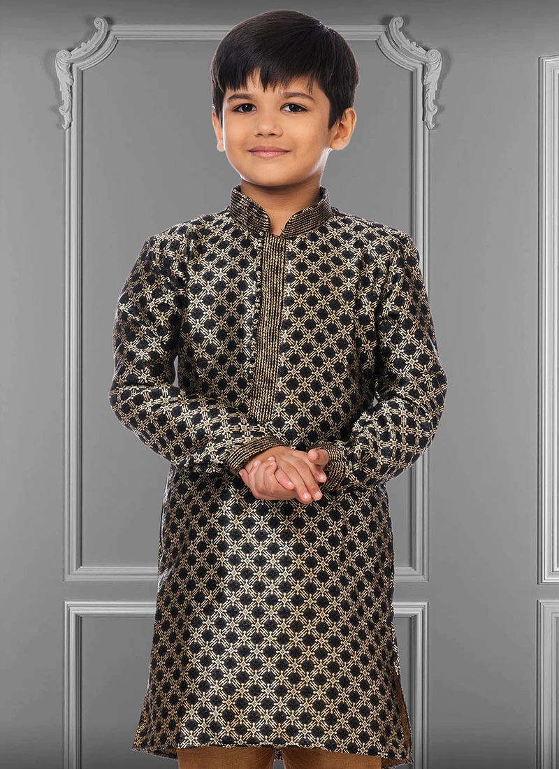 Black Jacquard Silk Boys Kurta Pyjama Party Wear 3 Black Jacquard Silk Boys Kurta Pyjama Party Wear - Image 3