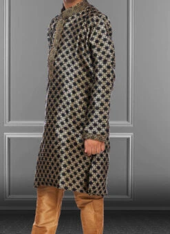 Black Jacquard Silk Boys Kurta Pyjama Party Wear