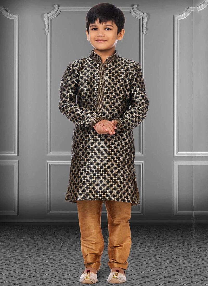 Black Jacquard Silk Boys Kurta Pyjama Party Wear 2 Black Jacquard Silk Boys Kurta Pyjama Party Wear - Image 2
