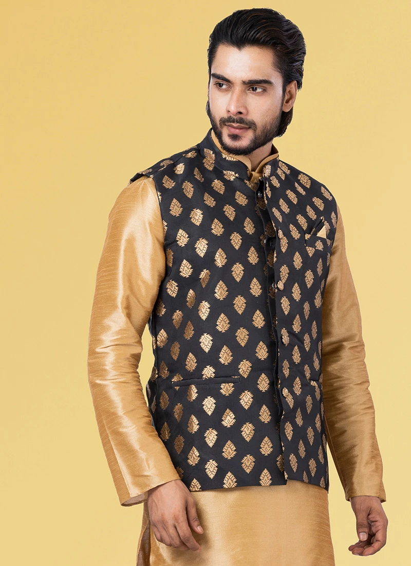 Black Jacquard Silk Nehru Jacket 3 Black Jacquard Silk Nehru Jacket - Image 3