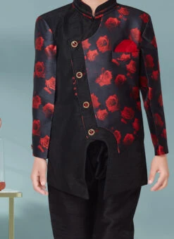 Black Jacquard Silk Printed Work Indowestern Sherwani Party Wear
