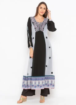 Black N Grey Georgette Embroidered Kurta Palazzo Set After Six Wear -C Bazaar Shop black n grey georgette embroidered kurta palazzo set krsmnc1942ks u