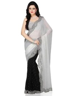 Black N Off White Half N Half Saree Party Wear -C Bazaar Shop black n off white half n half saree sadsfcns2082 u