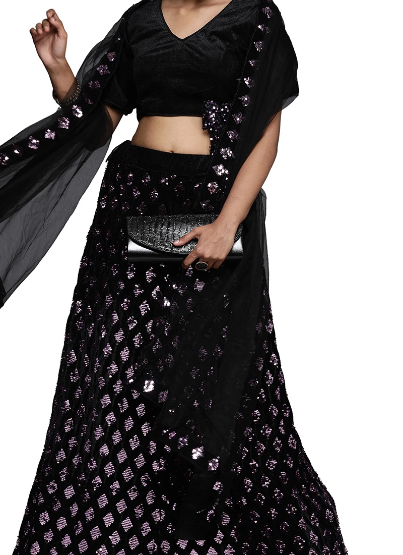 Black N Purple Velvet Sequins A Line Lehenga Festive Wear 1 Black N Purple Velvet Sequins A Line Lehenga Festive Wear