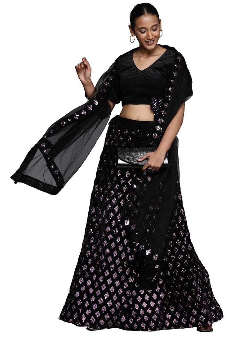 Black N Purple Velvet Sequins A Line Lehenga Festive Wear 3 Black N Purple Velvet Sequins A Line Lehenga Festive Wear - Image 3