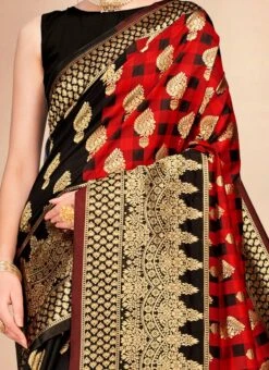 Black N Red Art Silk Half N Half Saree Festive Wear