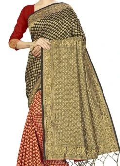 Black N Red Banarasi Silk Zari Work Saree Festive Wear