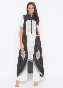 Black N White Cotton Embroidered Kurta Palazzo Set After Six Wear -C Bazaar Shop black n white cotton embroidered kurta palazzo set krsmnc2008ks u