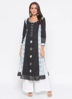 Black N White Cotton Printed Kurta Palazzo Set After Six Wear -C Bazaar Shop black n white cotton printed kurta palazzo set krsmnc1991ks u