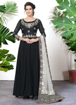 Black Net Dupatta Embroidery Georgette Anarkali Suit Party Wear -C Bazaar Shop black net dupatta embroidery georgette anarkali suit slsdi1707bl u