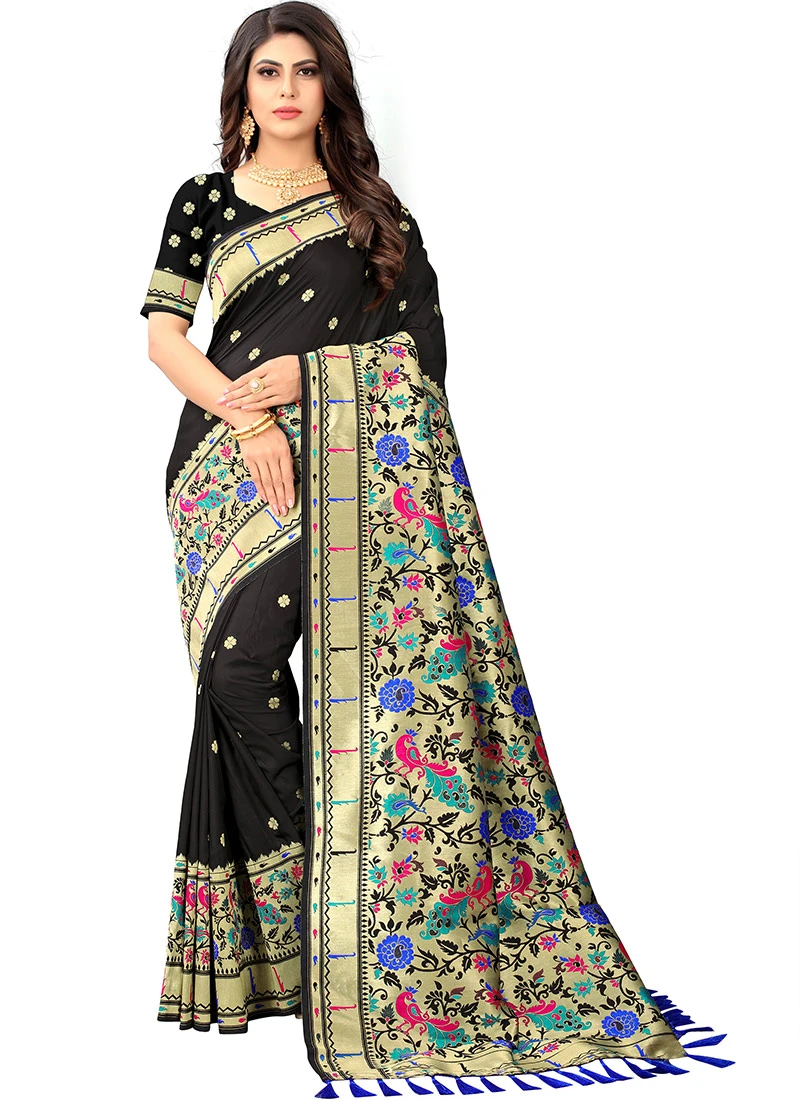 Black Paithani Silk Jacquard Saree Festive Wear 3 Black Paithani Silk Jacquard Saree Festive Wear - Image 3