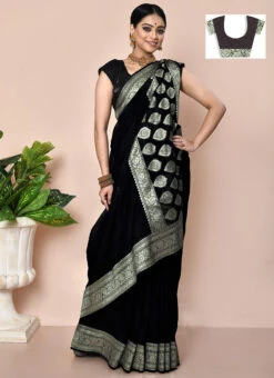 Black Pure Georgette Banarasi Zari Work Saree Festive Wear -C Bazaar Shop black pure georgette banarasi zari work saree savns154b u