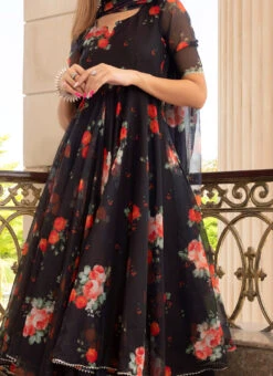 Black Pure Organza Printed Anarkali Suit Party Wear