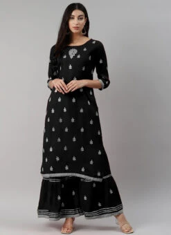Black Rayon Embroidery Kurta Sharara Set Party Wear -C Bazaar Shop black rayon embroidery kurta sharara set krsdmf7143g u