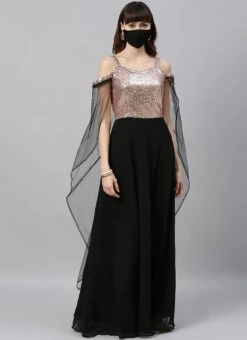 Black Sequins Embroidered Dupatta Style Cape Gown Party Wear -C Bazaar Shop black sequins embroidered dupatta style cape gown IWBS02004304 u