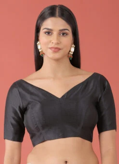 Black Silk Solid Stitched Readymade Blouse Party Wear -C Bazaar Shop black silk solid stitched readymade blouse blspfb229b u