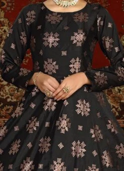 Black Taffeta Metalic Foil Work Anarkali Gown Party Wear