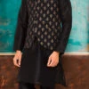 Black Terry Rayon Printed Nehru Jacket