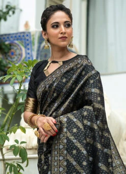 Black Tussar Silk Zari Weaving Saree Festive Wear -C Bazaar Shop black tussar silk zari weaving saree sasvw171 b