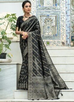 Black Tussar Silk Zari Weaving Saree Festive Wear -C Bazaar Shop black tussar silk zari weaving saree sasvw171 u