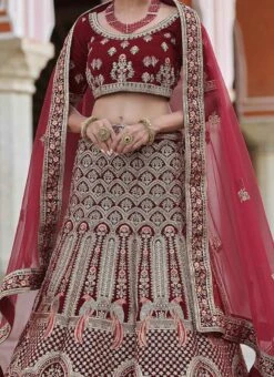 Blood Maroon Velvet Embroidered N Stones A Line Lehenga Wedding Wear