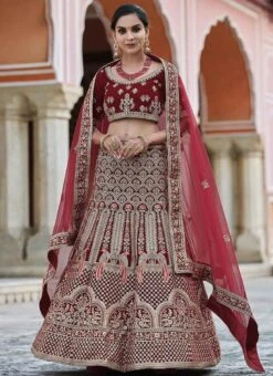 Blood Maroon Velvet Embroidered N Stones A Line Lehenga Wedding Wear -C Bazaar Shop blood maroon velvet embroidered n stones a line lehenga ghsak42228109 u