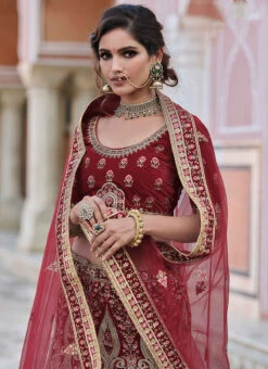 Blood Red Velvet Embroidered N Stones A Line Lehenga Wedding Wear -C Bazaar Shop blood red velvet embroidered n stones a line lehenga ghsak42228115 b