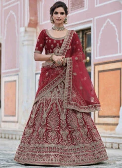 Blood Red Velvet Embroidered N Stones A Line Lehenga Wedding Wear -C Bazaar Shop blood red velvet embroidered n stones a line lehenga ghsak42228115 u
