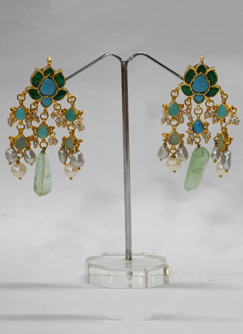 Blue Alloy Kundan Dangler Earrings Party Wear 3 Blue Alloy Kundan Dangler Earrings Party Wear - Image 3