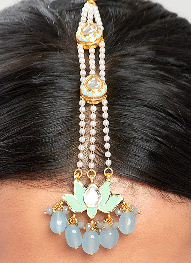 Blue Alloy Kundan Polki Mangtikka Party Wear 3 Blue Alloy Kundan Polki Mangtikka Party Wear - Image 3