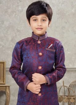 Blue And Maroon Art Silk Jacquard Indowestern Sherwani Party Wear -C Bazaar Shop blue and maroon art silk jacquard indowestern sherwani kdbsgr615 b
