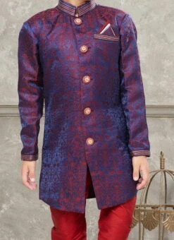 Blue And Maroon Art Silk Jacquard Indowestern Sherwani Party Wear